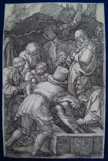 Albrecht DÜRER, 1471 - 1528, antiker Kupferstich. "Die GRABLEGUNG", antiker Kupferdruck von 1512 A.D. "The Entombment of Christ", antique copper engraving print dated 1512 A.D.
