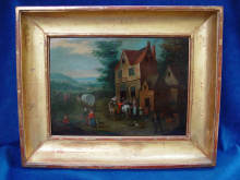 Flemish Old-Master."Animated Landscapes with inn", dated the 17th century, oil painting on oak-wood panel.