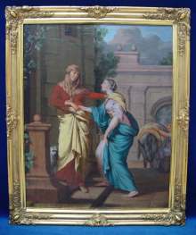 The Visitation of Mary, antique Baroque painting dated the 18th century, Germany.