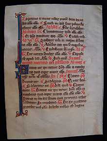 Original MEDIEVAL Manuscript dated about 1300 A.D. Northern France. One Breviary vellum leaf.