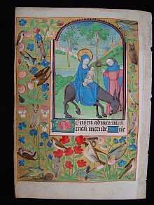 Original MEDIEVAL leaf with a painted Miniature *Flight into Egypt* dated about 1470 A.D. Bourges, France.