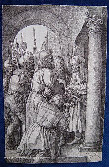 Albrecht DÜRER, 1471 - 1528, "Christus vor Pilatus", originaler, antiker Kupferstich, Druck von 1512 A.D.Christ before Pilate.