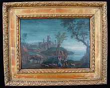 Antikes Öl Gemälde "Landschaft mit Staffage", 18.Jahrhundert. 