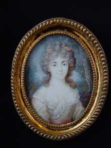 Antike Miniatur, um 1780. Halbfigurenbildnis einer jungen, schönen Frau vor Landschaftsstaffage.