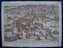 HOGENBERG, Franz (Mecheln 1535-1590 Köln)."Kriegerische Ereignisse unter Karl V bei Tunis, Afrika", antiker Kupferdruck von 1575 A.D.