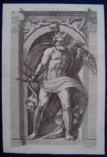 *NEPTUNUS*, antiker Kupferstich von 1592 A.D. Museal. GOLTZIUS, Hendrick (1558 - 1617).